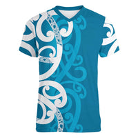 Azure Blue Maori Women V-Neck T-Shirt Koru Kowhaiwhai LT7 Female Blue - Polynesian Pride