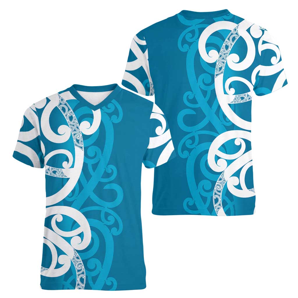 Azure Blue Maori Women V-Neck T-Shirt Koru Kowhaiwhai LT7 - Polynesian Pride