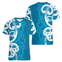 Azure Blue Maori Women V-Neck T-Shirt Koru Kowhaiwhai LT7 - Polynesian Pride