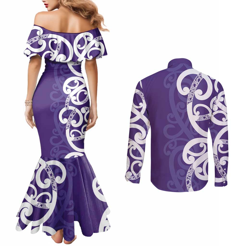 Violet Green Maori Couples Matching Mermaid Dress and Long Sleeve Button Shirt Koru Kowhaiwhai - Polynesian Pride