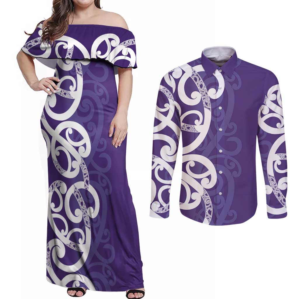 Violet Green Maori Couples Matching Off Shoulder Maxi Dress and Long Sleeve Button Shirt Koru Kowhaiwhai LT7 Violet - Polynesian Pride