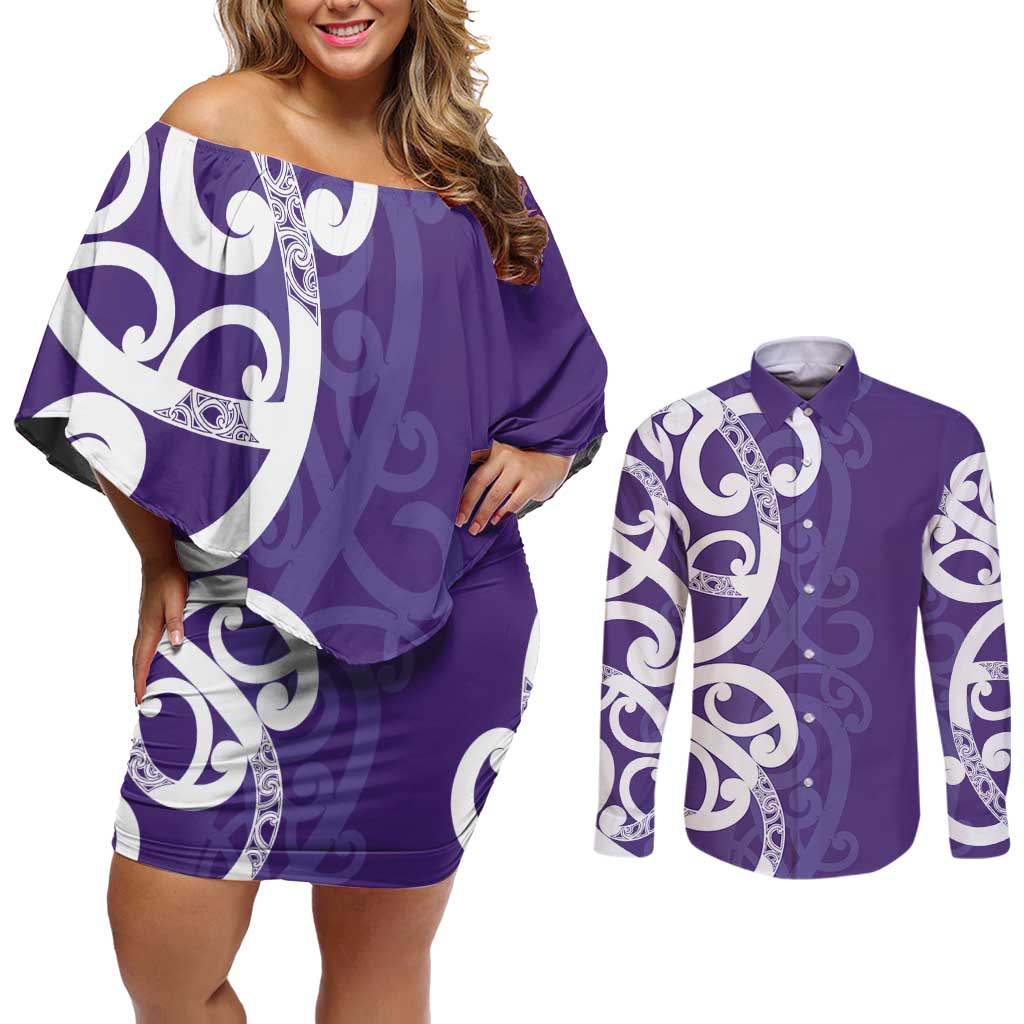 Violet Green Maori Couples Matching Off Shoulder Short Dress and Long Sleeve Button Shirt Koru Kowhaiwhai - Polynesian Pride