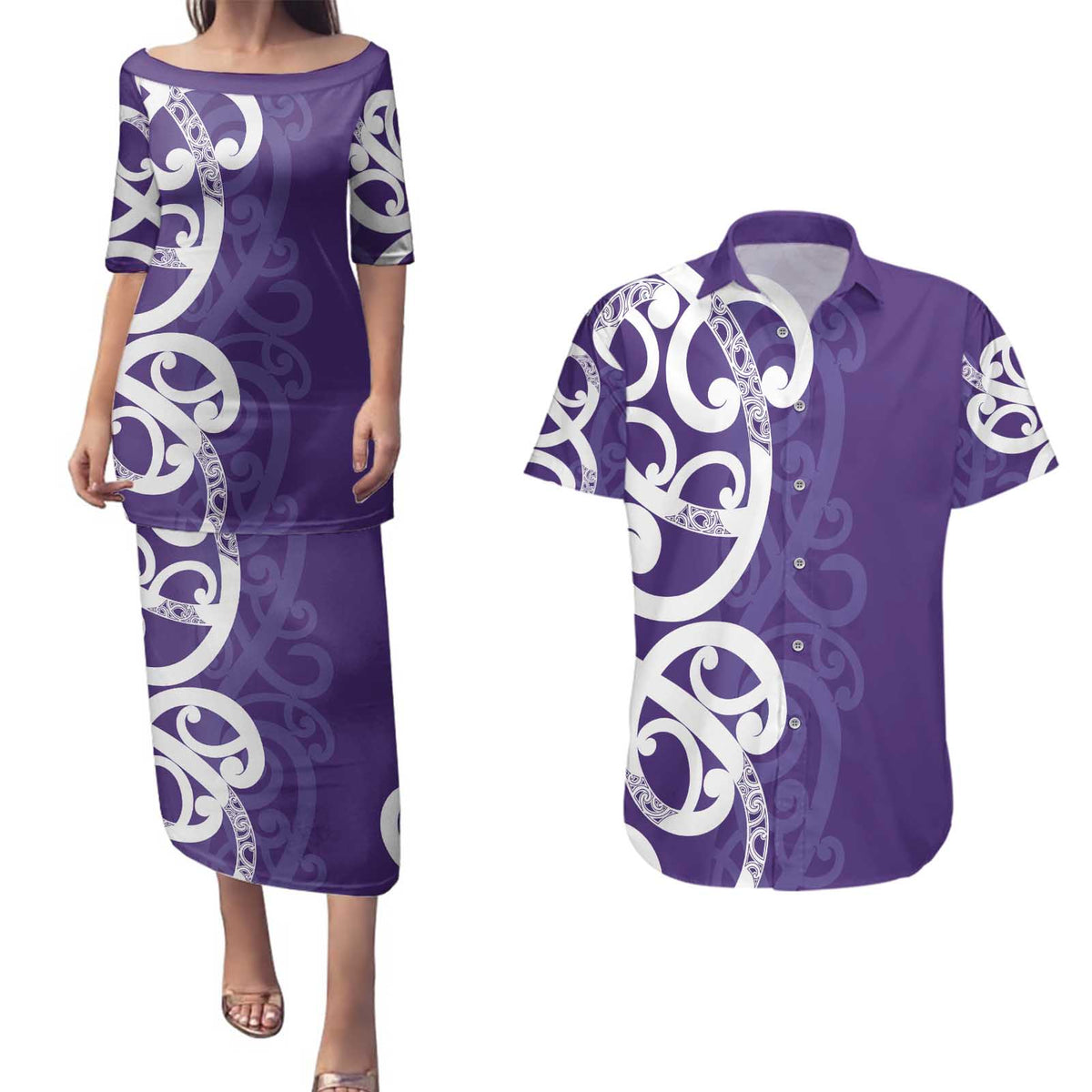 Violet Green Maori Couples Matching Puletasi and Hawaiian Shirt Koru Kowhaiwhai LT7 Violet - Polynesian Pride