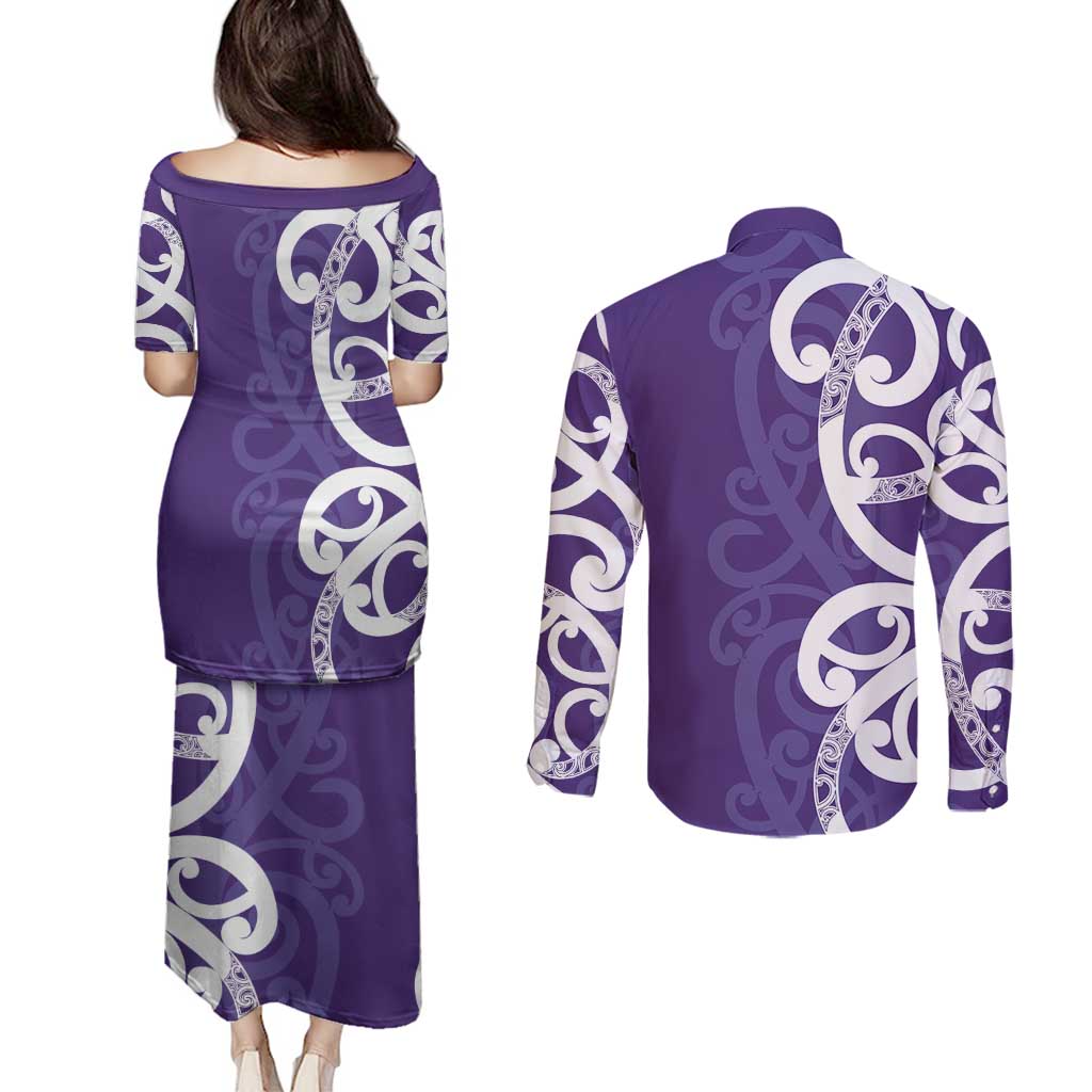 Violet Green Maori Couples Matching Puletasi and Long Sleeve Button Shirt Koru Kowhaiwhai LT7 - Polynesian Pride
