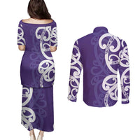 Violet Green Maori Couples Matching Puletasi and Long Sleeve Button Shirt Koru Kowhaiwhai LT7 - Polynesian Pride
