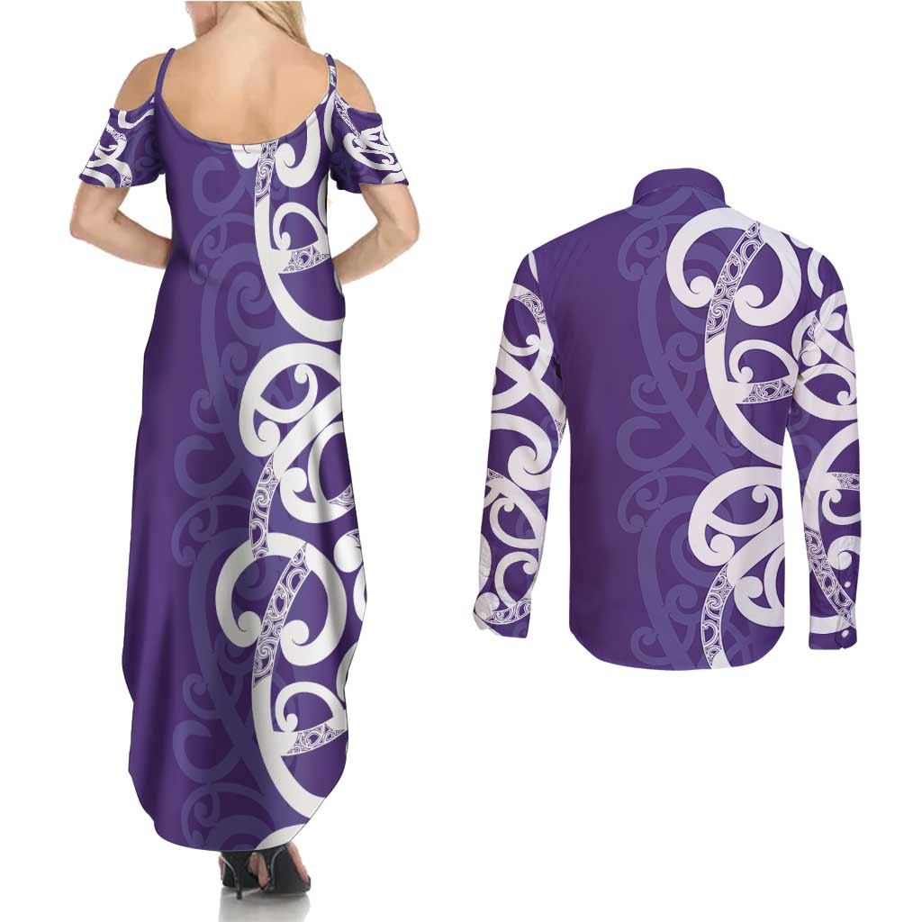 Violet Green Maori Couples Matching Summer Maxi Dress and Long Sleeve Button Shirt Koru Kowhaiwhai LT7 - Polynesian Pride