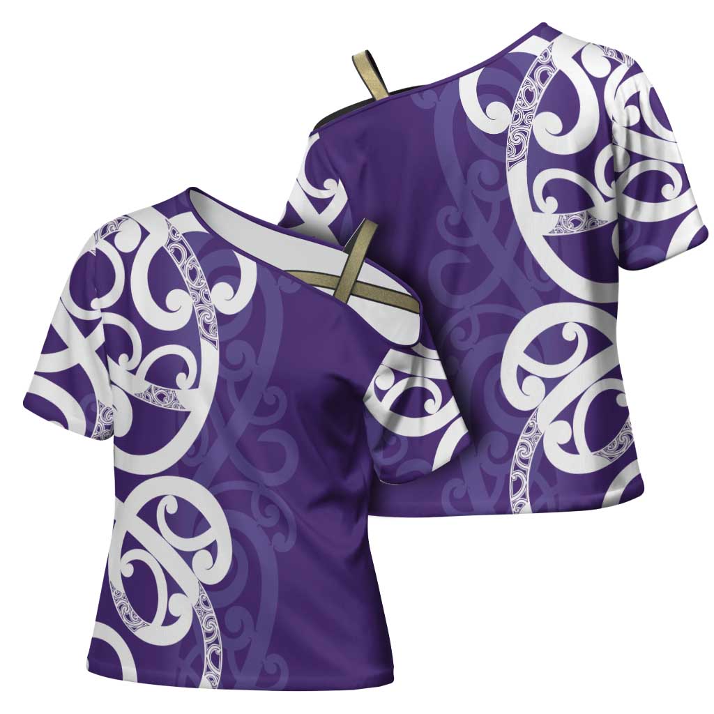 Violet Green Maori Cross Shoulder Shirt Koru Kowhaiwhai LT7 - Polynesian Pride