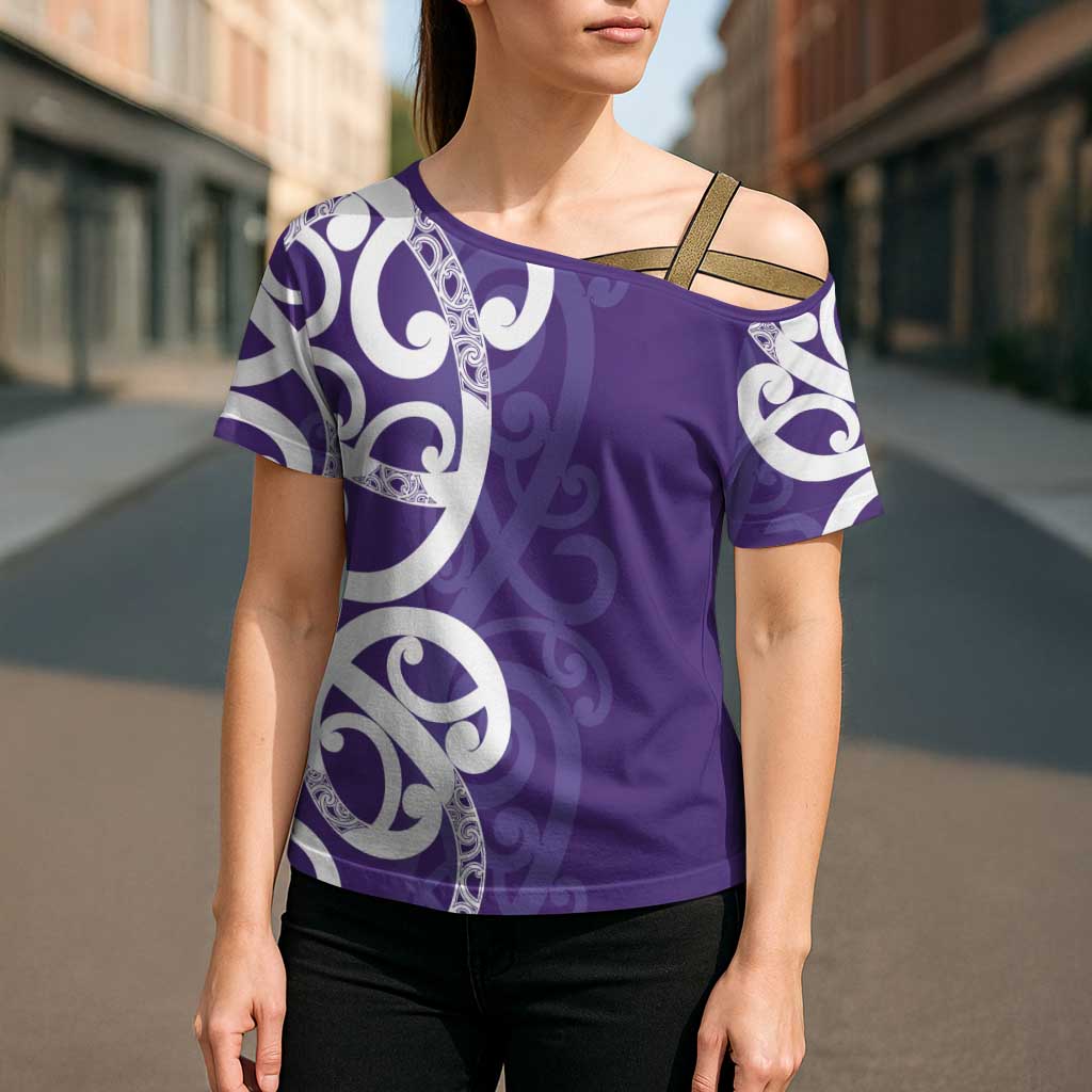 Violet Green Maori Cross Shoulder Shirt Koru Kowhaiwhai LT7 - Polynesian Pride