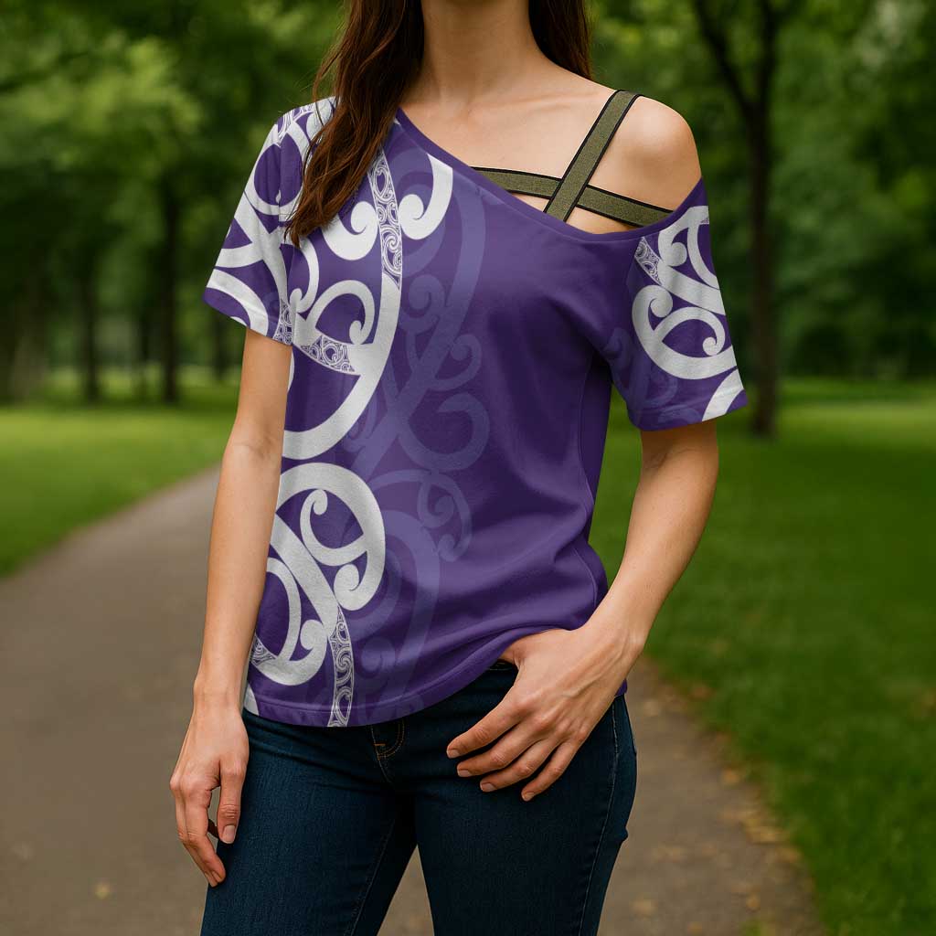 Violet Green Maori Cross Shoulder Shirt Koru Kowhaiwhai LT7 - Polynesian Pride