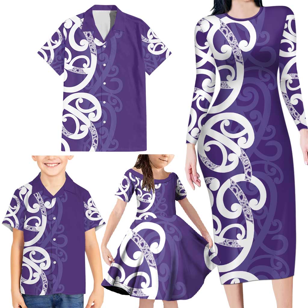 Violet Green Maori Family Matching Long Sleeve Bodycon Dress and Hawaiian Shirt Koru Kowhaiwhai - Polynesian Pride