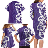 Violet Green Maori Family Matching Long Sleeve Bodycon Dress and Hawaiian Shirt Koru Kowhaiwhai - Polynesian Pride