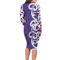 Violet Green Maori Family Matching Long Sleeve Bodycon Dress and Hawaiian Shirt Koru Kowhaiwhai - Polynesian Pride