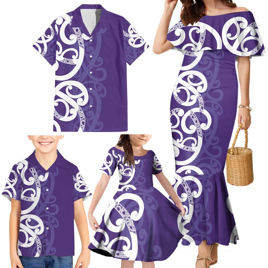 Violet Green Maori Family Matching Mermaid Dress and Hawaiian Shirt Koru Kowhaiwhai - Polynesian Pride