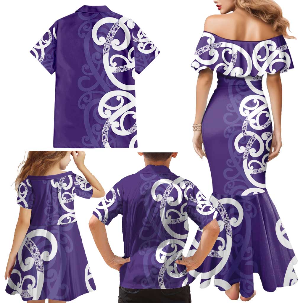 Violet Green Maori Family Matching Mermaid Dress and Hawaiian Shirt Koru Kowhaiwhai - Polynesian Pride