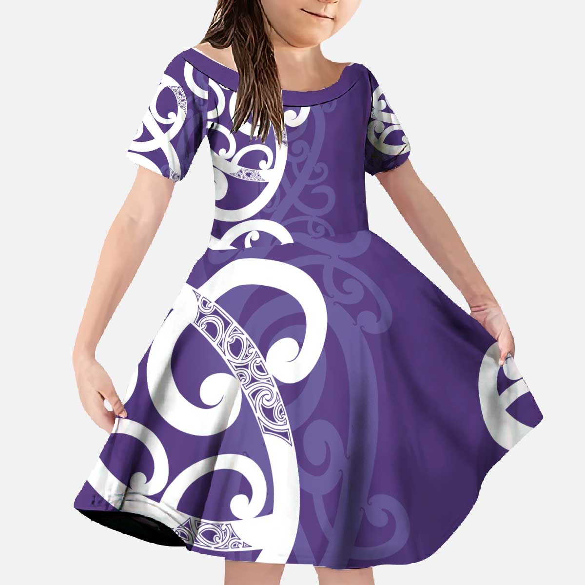 Violet Green Maori Family Matching Off The Shoulder Long Sleeve Dress and Hawaiian Shirt Koru Kowhaiwhai - Polynesian Pride