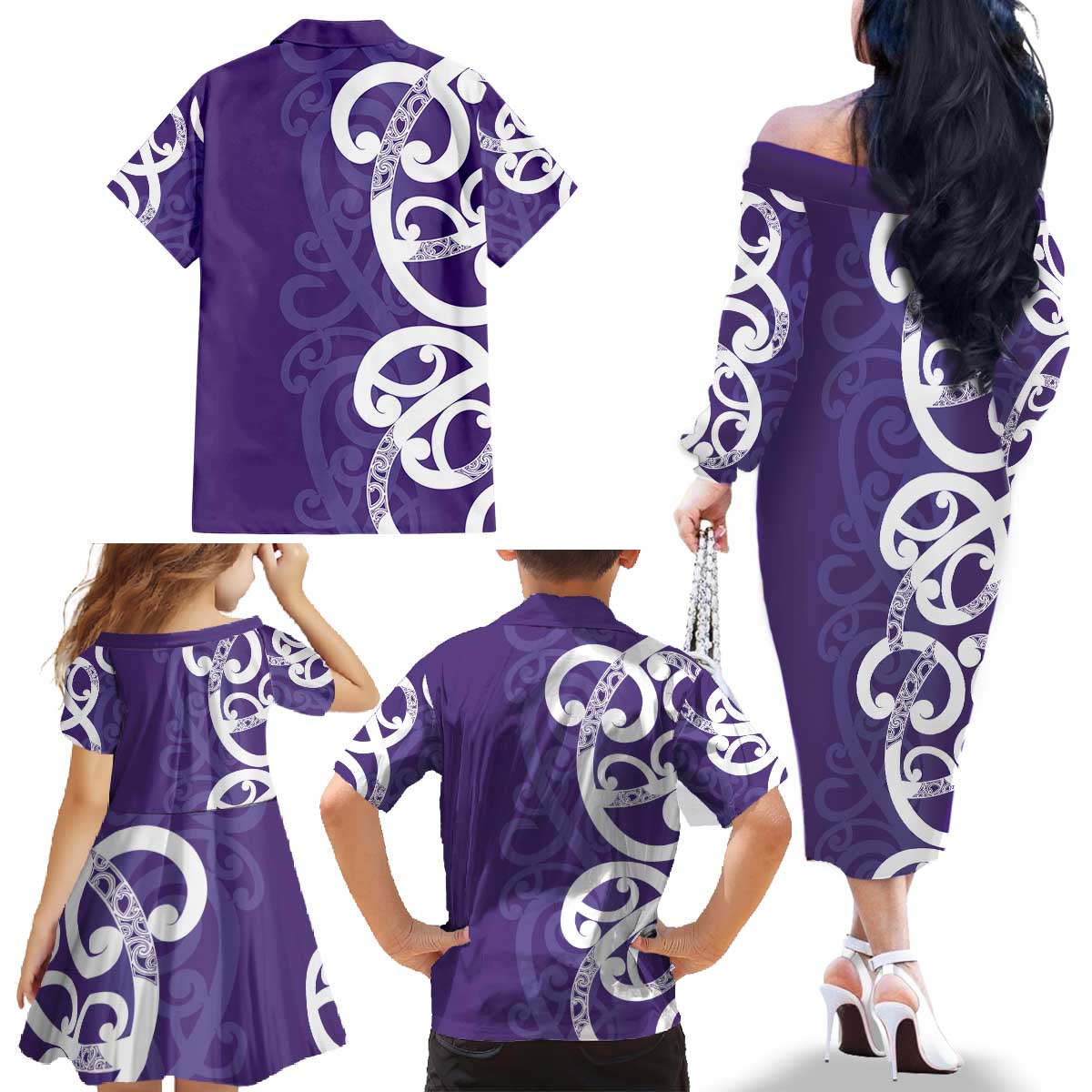 Violet Green Maori Family Matching Off The Shoulder Long Sleeve Dress and Hawaiian Shirt Koru Kowhaiwhai - Polynesian Pride