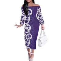 Violet Green Maori Family Matching Off The Shoulder Long Sleeve Dress and Hawaiian Shirt Koru Kowhaiwhai - Polynesian Pride
