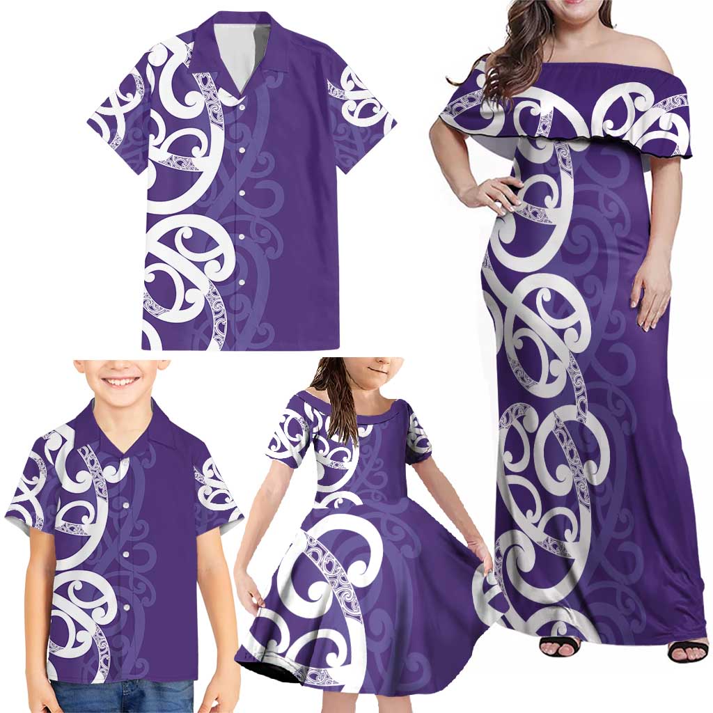 Violet Green Maori Family Matching Off Shoulder Maxi Dress and Hawaiian Shirt Koru Kowhaiwhai - Polynesian Pride