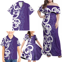 Violet Green Maori Family Matching Off Shoulder Maxi Dress and Hawaiian Shirt Koru Kowhaiwhai - Polynesian Pride