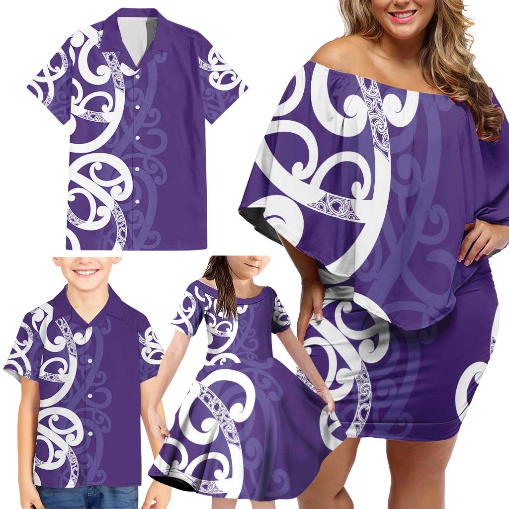 Violet Green Maori Family Matching Off Shoulder Short Dress and Hawaiian Shirt Koru Kowhaiwhai - Polynesian Pride