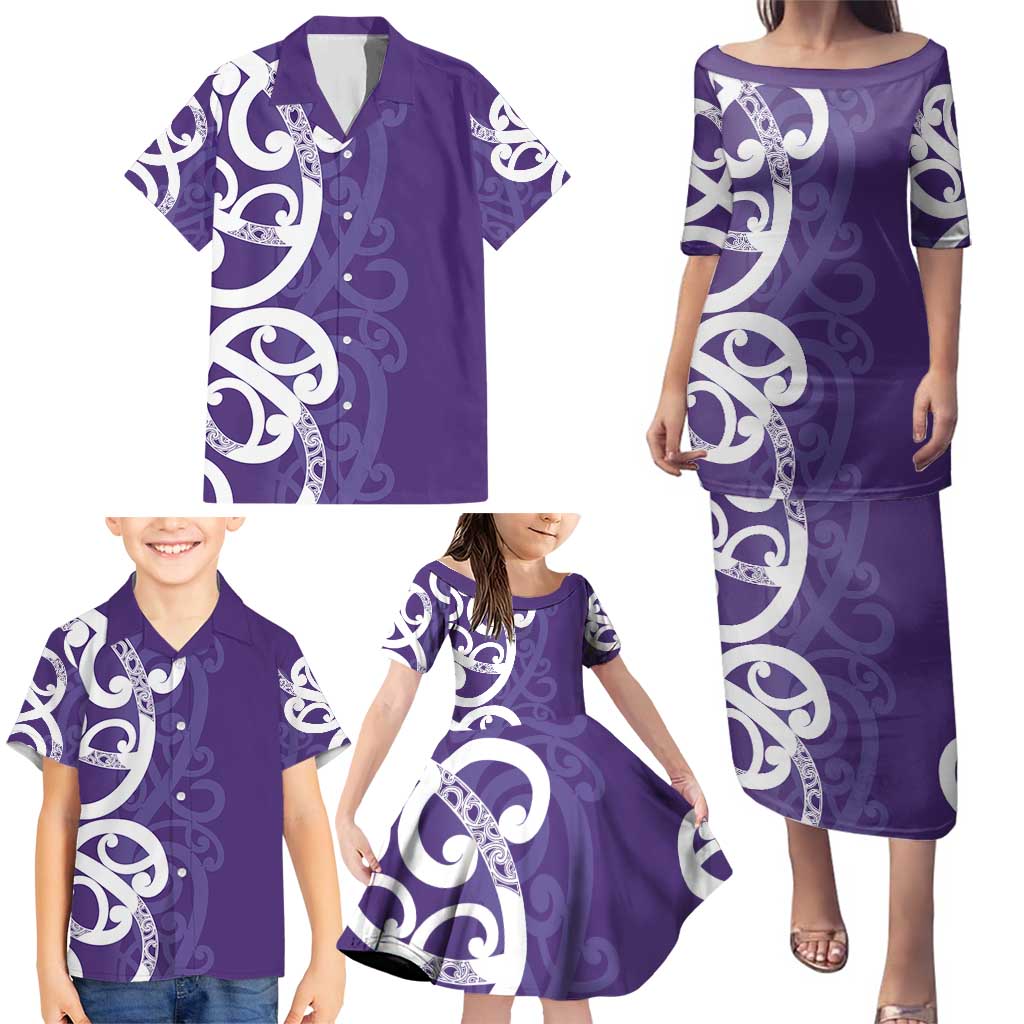 Violet Green Maori Family Matching Puletasi and Hawaiian Shirt Koru Kowhaiwhai - Polynesian Pride