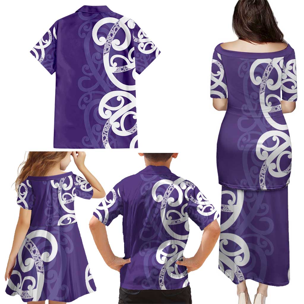 Violet Green Maori Family Matching Puletasi and Hawaiian Shirt Koru Kowhaiwhai - Polynesian Pride