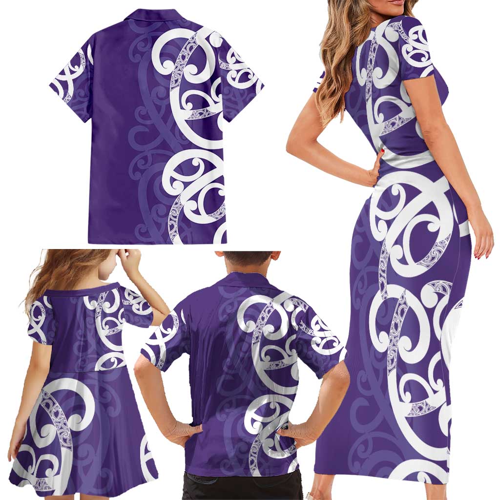 Violet Green Maori Family Matching Short Sleeve Bodycon Dress and Hawaiian Shirt Koru Kowhaiwhai - Polynesian Pride