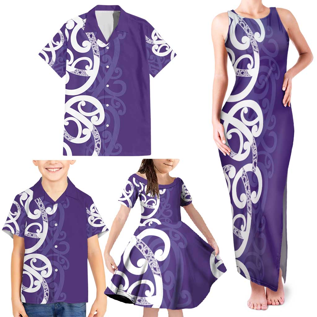 Violet Green Maori Family Matching Tank Maxi Dress and Hawaiian Shirt Koru Kowhaiwhai - Polynesian Pride