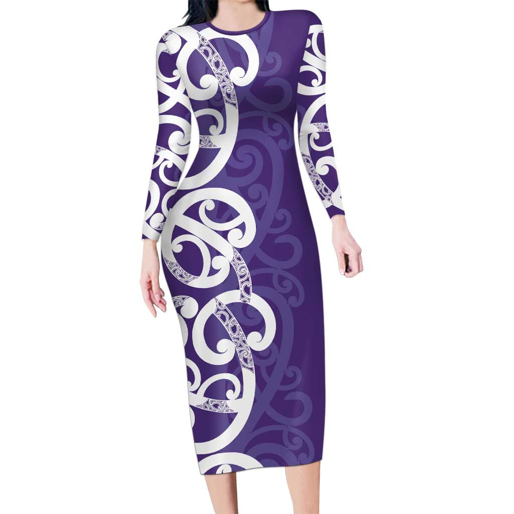Violet Green Maori Long Sleeve Bodycon Dress Koru Kowhaiwhai - Polynesian Pride