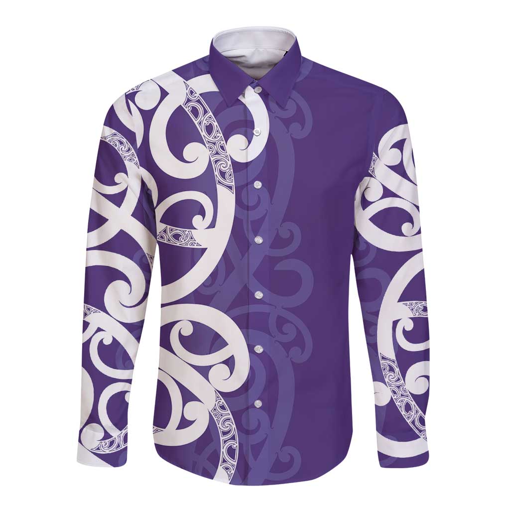 Violet Green Maori Long Sleeve Button Shirt Koru Kowhaiwhai LT7 Unisex Violet - Polynesian Pride