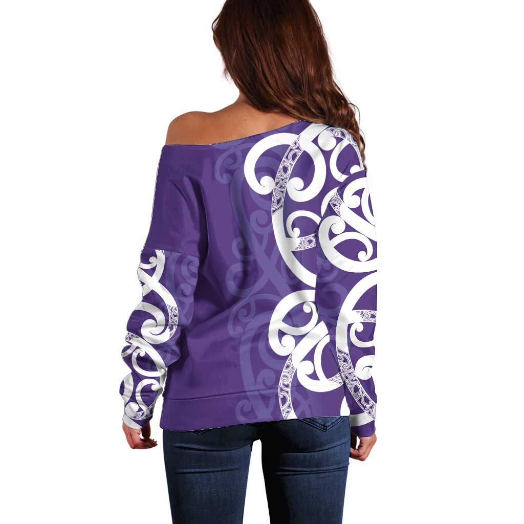 Violet Green Maori Off Shoulder Sweater Koru Kowhaiwhai LT7 - Polynesian Pride