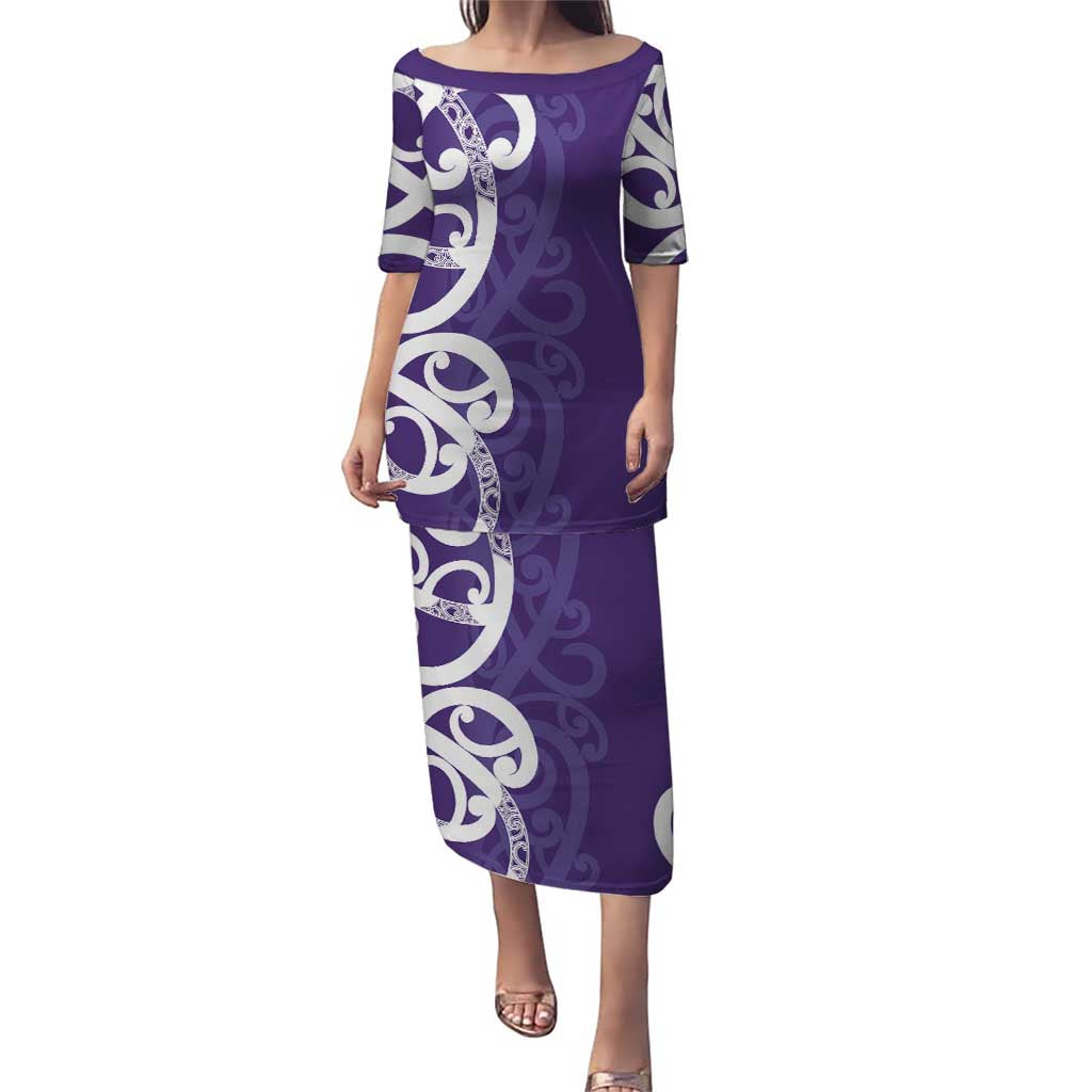 Violet Green Maori Puletasi Koru Kowhaiwhai LT7 Long Dress Violet - Polynesian Pride