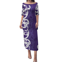 Violet Green Maori Puletasi Koru Kowhaiwhai LT7 Long Dress Violet - Polynesian Pride