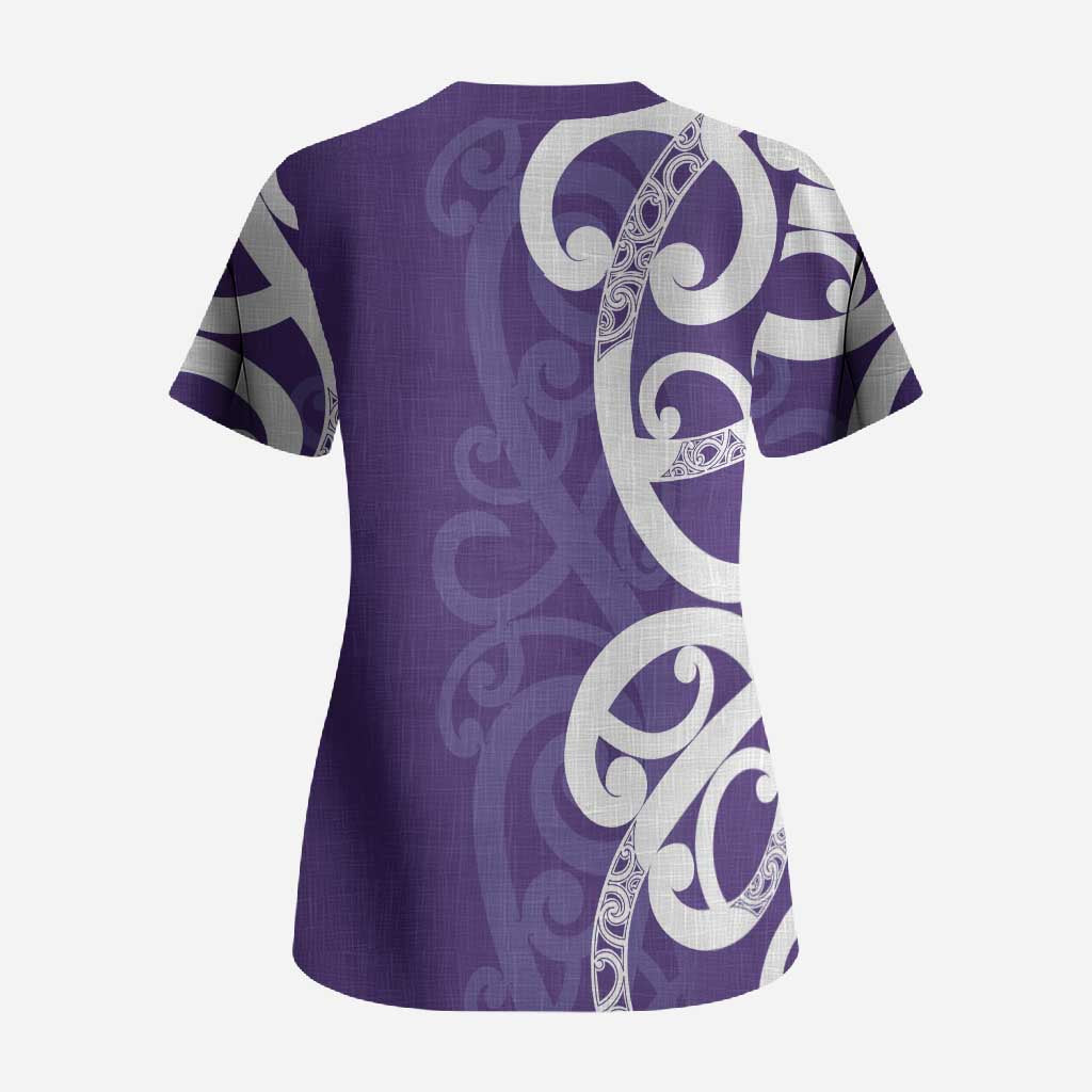 Violet Green Maori Scrub Top Koru Kowhaiwhai LT7 - Polynesian Pride