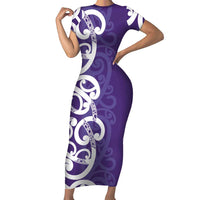Violet Green Maori Short Sleeve Bodycon Dress Koru Kowhaiwhai LT7 Long Dress Violet - Polynesian Pride