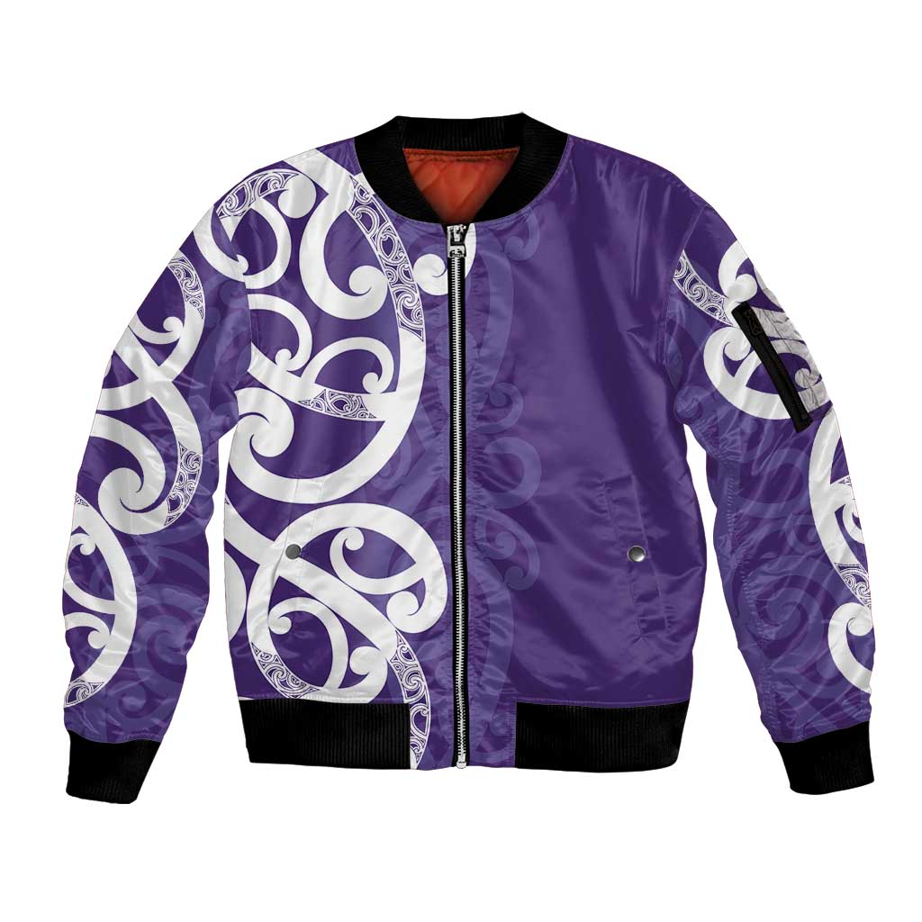 Violet Green Maori Sleeve Zip Bomber Jacket Koru Kowhaiwhai LT7 Unisex Violet - Polynesian Pride