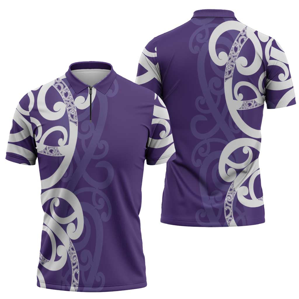 Violet Green Maori Zipper Polo Shirt Koru Kowhaiwhai LT7 - Polynesian Pride