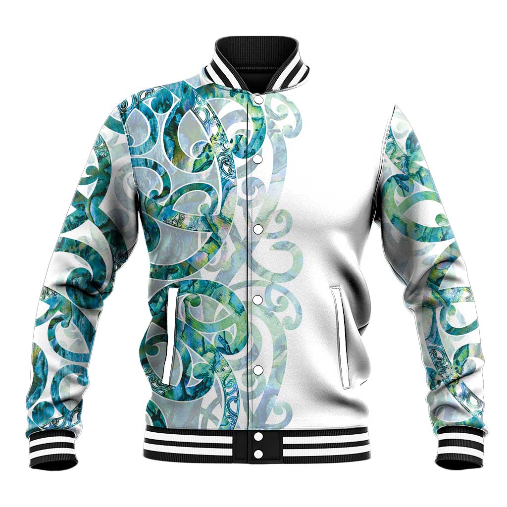 Paua Shell Maori Baseball Jacket Koru Kowhaiwhai LT7 Unisex White - Polynesian Pride