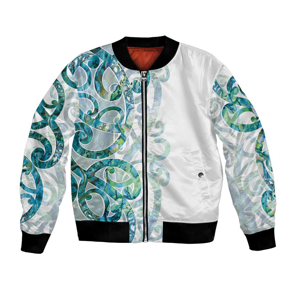 Paua Shell Maori Bomber Jacket Koru Kowhaiwhai LT7 Unisex White - Polynesian Pride