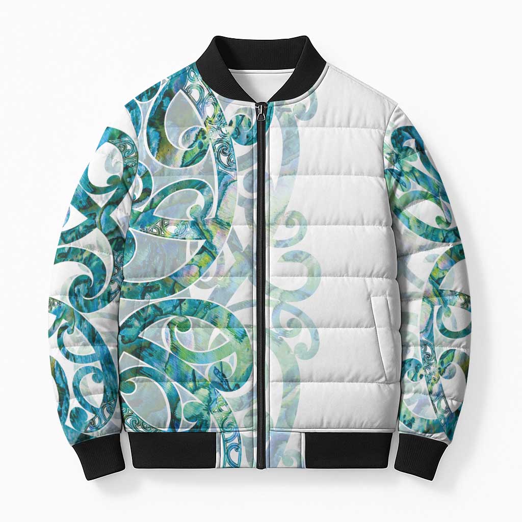 Paua Shell Maori Bomber Puffer Jacket Koru Kowhaiwhai LT7 Unisex White - Polynesian Pride