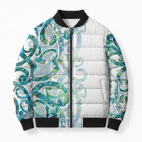 Paua Shell Maori Bomber Puffer Jacket Koru Kowhaiwhai LT7 Unisex White - Polynesian Pride