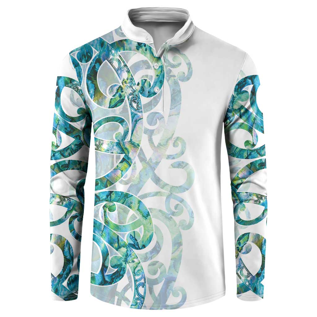 Paua Shell Maori Button Sweatshirt Koru Kowhaiwhai LT7 White - Polynesian Pride