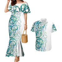 Paua Shell Maori Couples Matching Mermaid Dress and Hawaiian Shirt Koru Kowhaiwhai LT7 White - Polynesian Pride