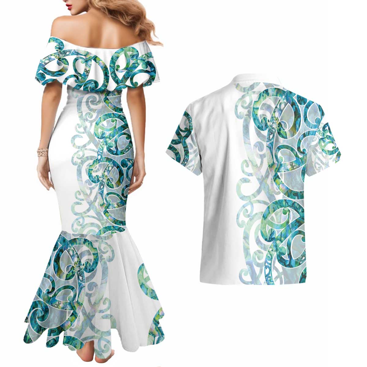 Paua Shell Maori Couples Matching Mermaid Dress and Hawaiian Shirt Koru Kowhaiwhai LT7 - Polynesian Pride