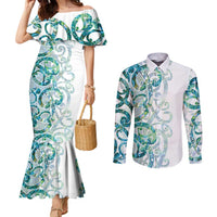 Paua Shell Maori Couples Matching Mermaid Dress and Long Sleeve Button Shirt Koru Kowhaiwhai LT7 White - Polynesian Pride