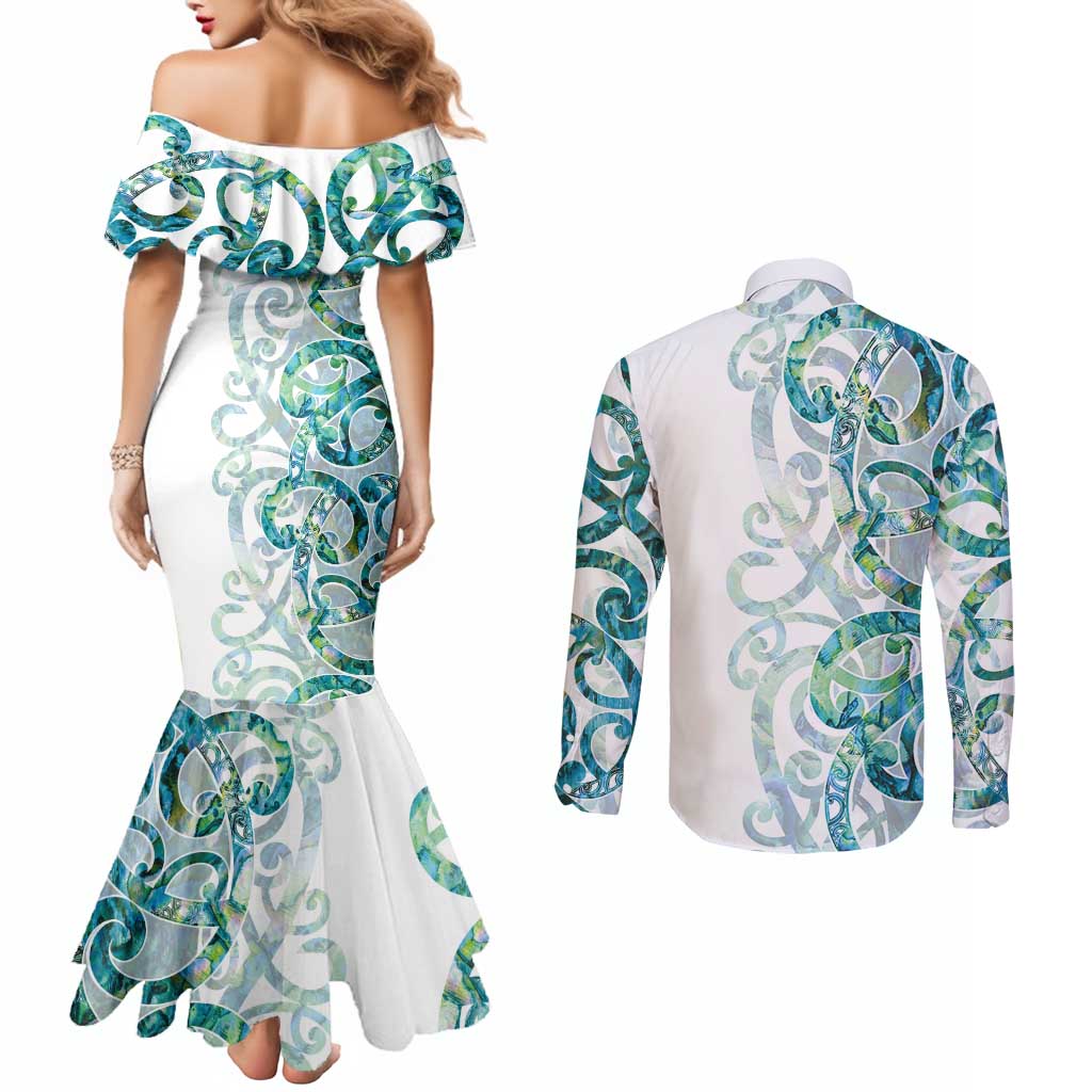 Paua Shell Maori Couples Matching Mermaid Dress and Long Sleeve Button Shirt Koru Kowhaiwhai LT7 - Polynesian Pride