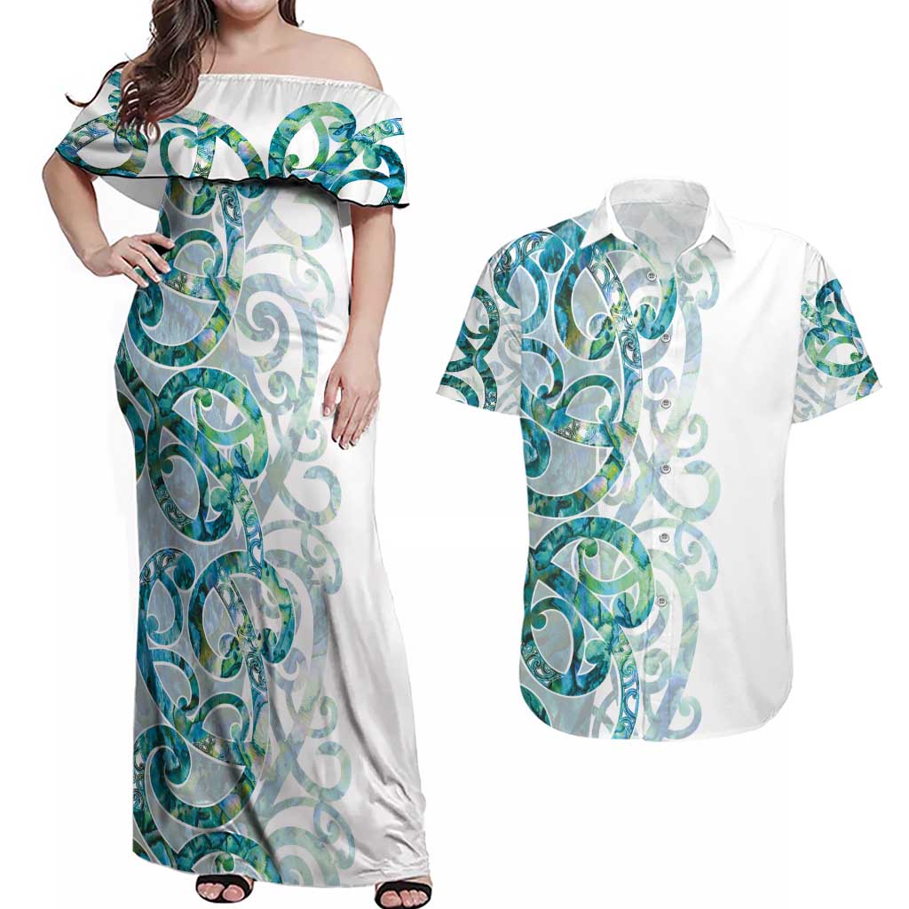 Paua Shell Maori Couples Matching Off Shoulder Maxi Dress and Hawaiian Shirt Koru Kowhaiwhai LT7 White - Polynesian Pride