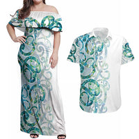 Paua Shell Maori Couples Matching Off Shoulder Maxi Dress and Hawaiian Shirt Koru Kowhaiwhai LT7 White - Polynesian Pride
