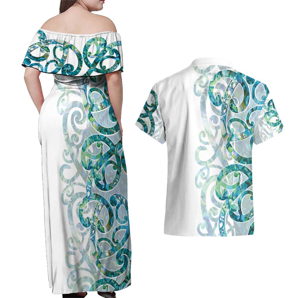 Paua Shell Maori Couples Matching Off Shoulder Maxi Dress and Hawaiian Shirt Koru Kowhaiwhai LT7 - Polynesian Pride