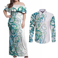 Paua Shell Maori Couples Matching Off Shoulder Maxi Dress and Long Sleeve Button Shirt Koru Kowhaiwhai LT7 White - Polynesian Pride